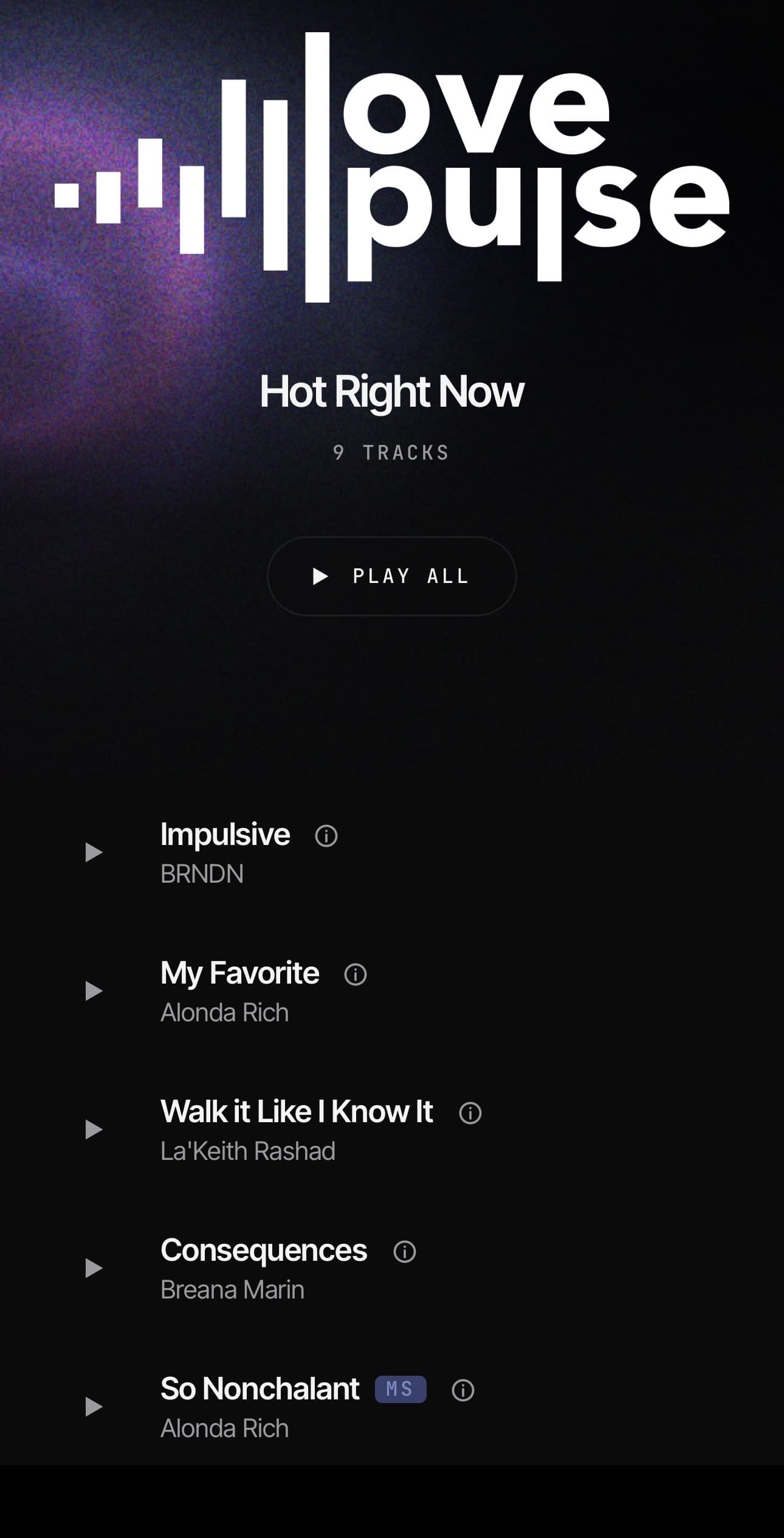 Love Pulse shared playlist — Hot Right Now, 9 tracks